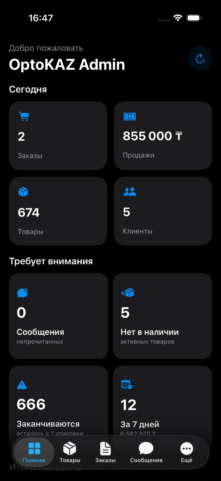 Главная панель iOS-админки OptoKAZ